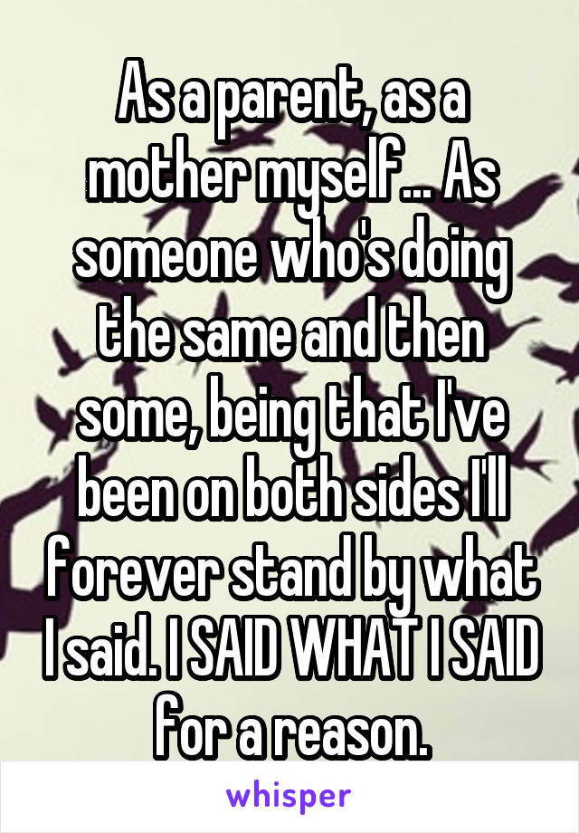 As a parent, as a mother myself... As someone who's doing the same and then some, being that I've been on both sides I'll forever stand by what I said. I SAID WHAT I SAID for a reason.