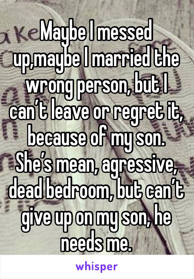 Maybe I messed up,maybe I married the wrong person, but I can’t leave or regret it, because of my son.
She’s mean, agressive, dead bedroom, but can’t give up on my son, he needs me.