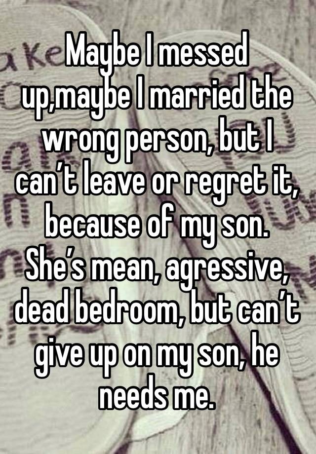 Maybe I messed up,maybe I married the wrong person, but I can’t leave or regret it, because of my son.
She’s mean, agressive, dead bedroom, but can’t give up on my son, he needs me.