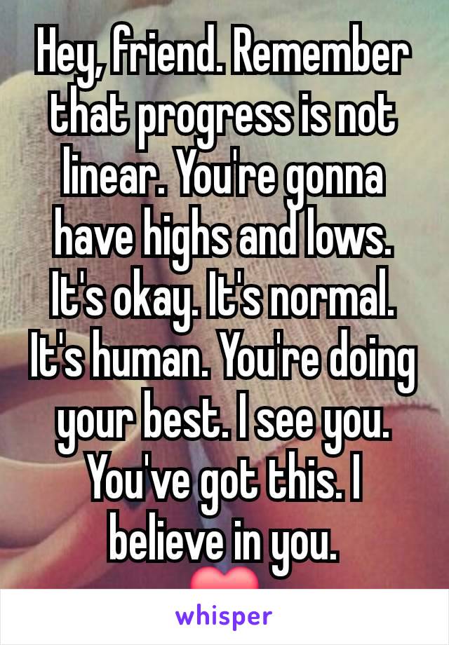 Hey, friend. Remember that progress is not linear. You're gonna have highs and lows. It's okay. It's normal. It's human. You're doing your best. I see you. You've got this. I believe in you.
❤️