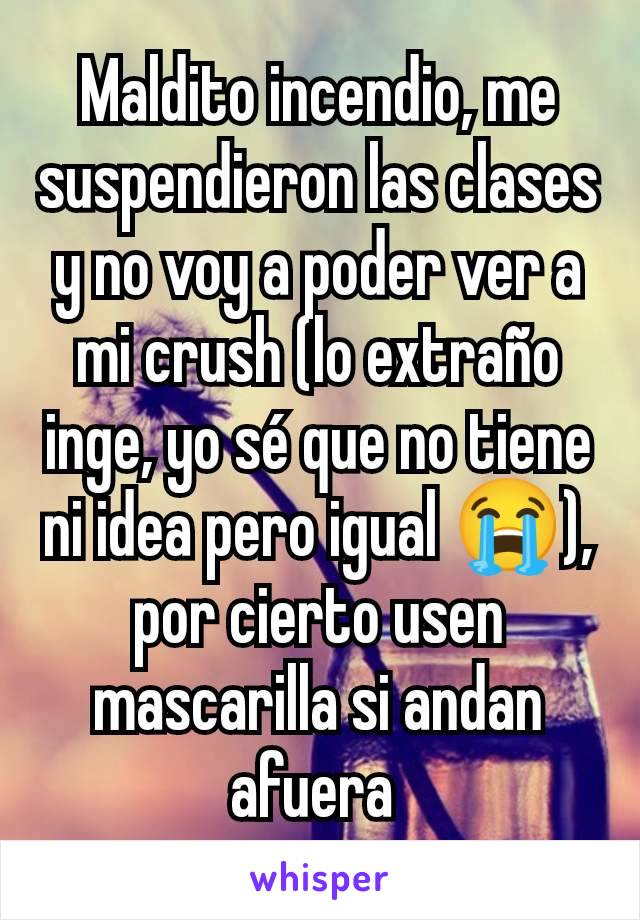 Maldito incendio, me suspendieron las clases y no voy a poder ver a mi crush (lo extraño inge, yo sé que no tiene ni idea pero igual 😭), por cierto usen mascarilla si andan afuera 