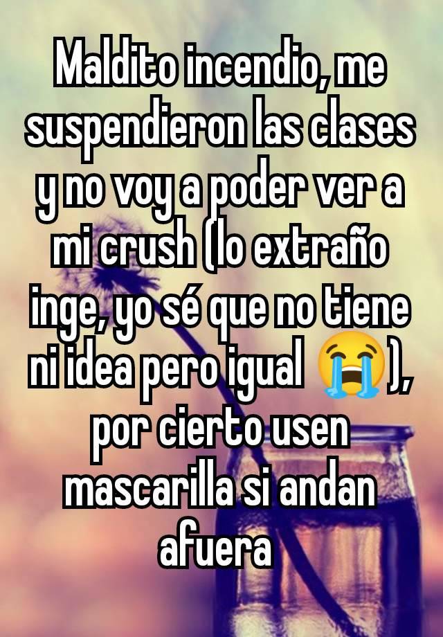 Maldito incendio, me suspendieron las clases y no voy a poder ver a mi crush (lo extraño inge, yo sé que no tiene ni idea pero igual 😭), por cierto usen mascarilla si andan afuera 