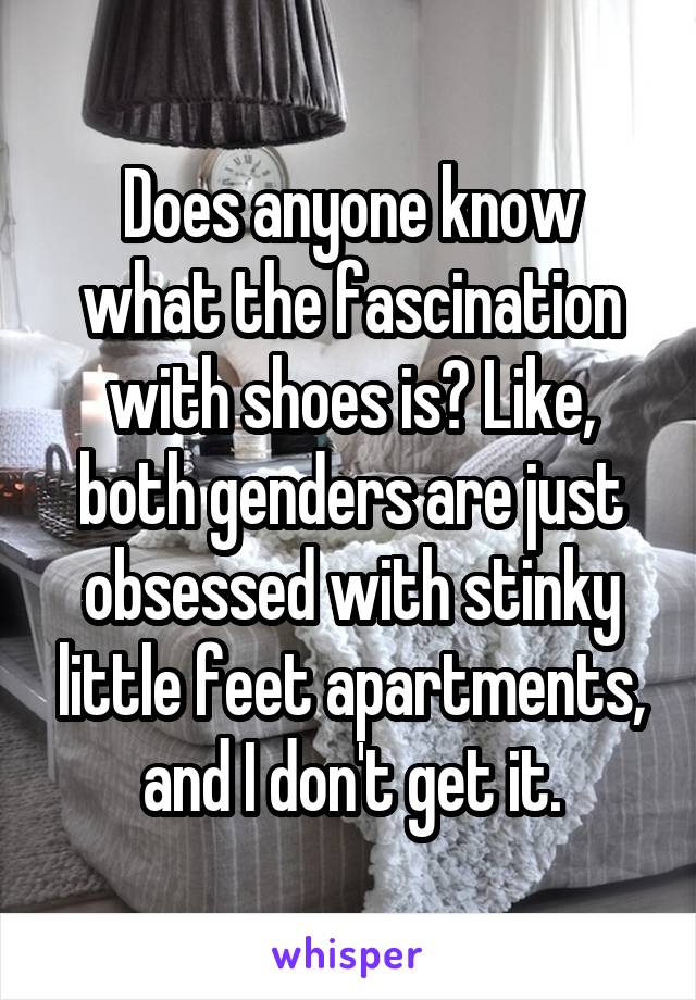 Does anyone know what the fascination with shoes is? Like, both genders are just obsessed with stinky little feet apartments, and I don't get it.