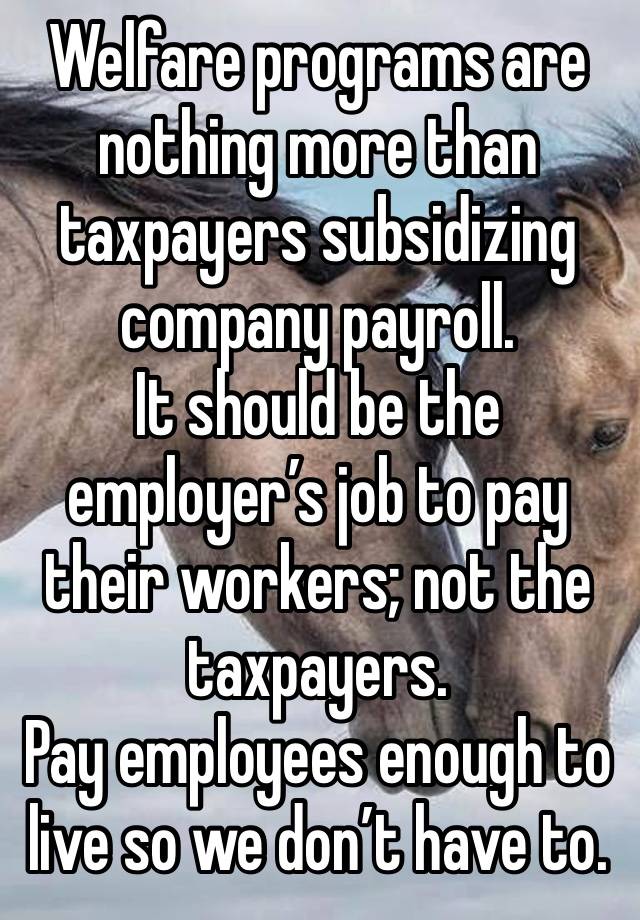 Welfare programs are nothing more than taxpayers subsidizing company payroll.
It should be the employer’s job to pay their workers; not the taxpayers.
Pay employees enough to live so we don’t have to.