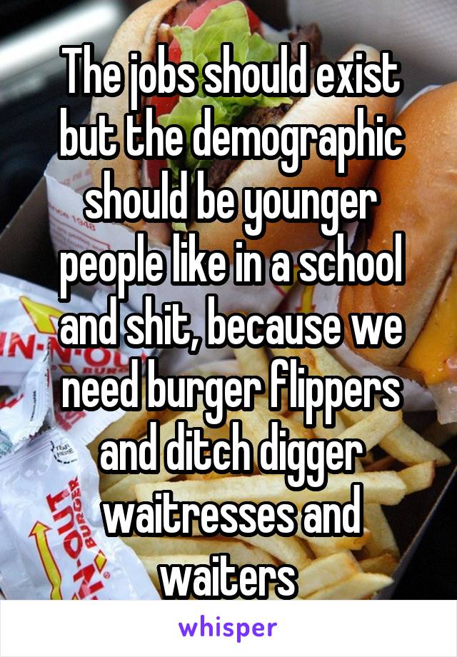 The jobs should exist but the demographic should be younger people like in a school and shit, because we need burger flippers and ditch digger waitresses and waiters 