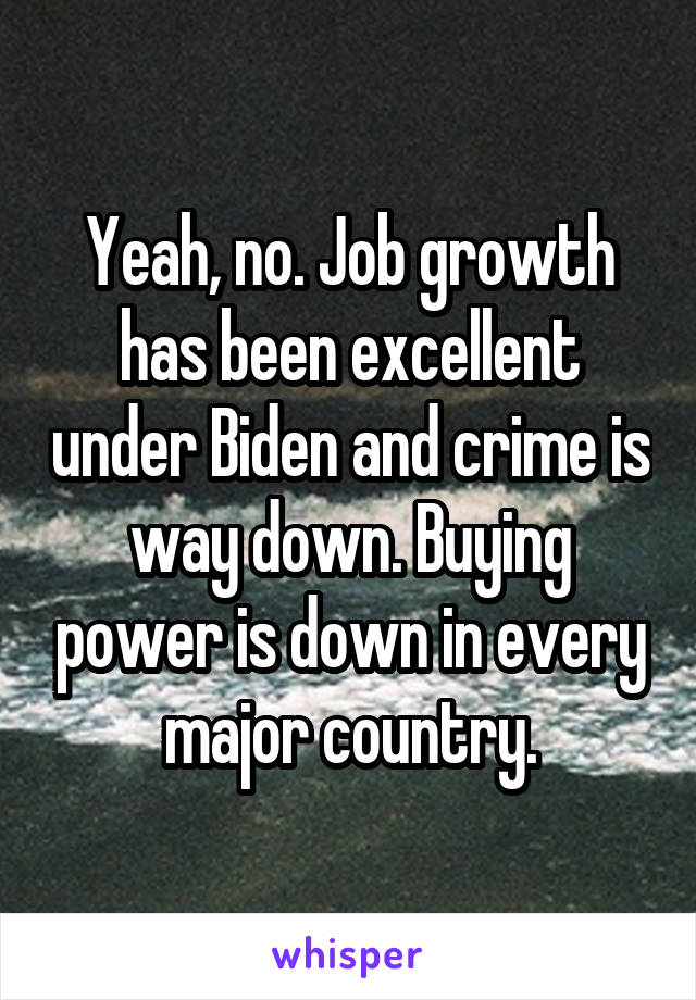 Yeah, no. Job growth has been excellent under Biden and crime is way down. Buying power is down in every major country.