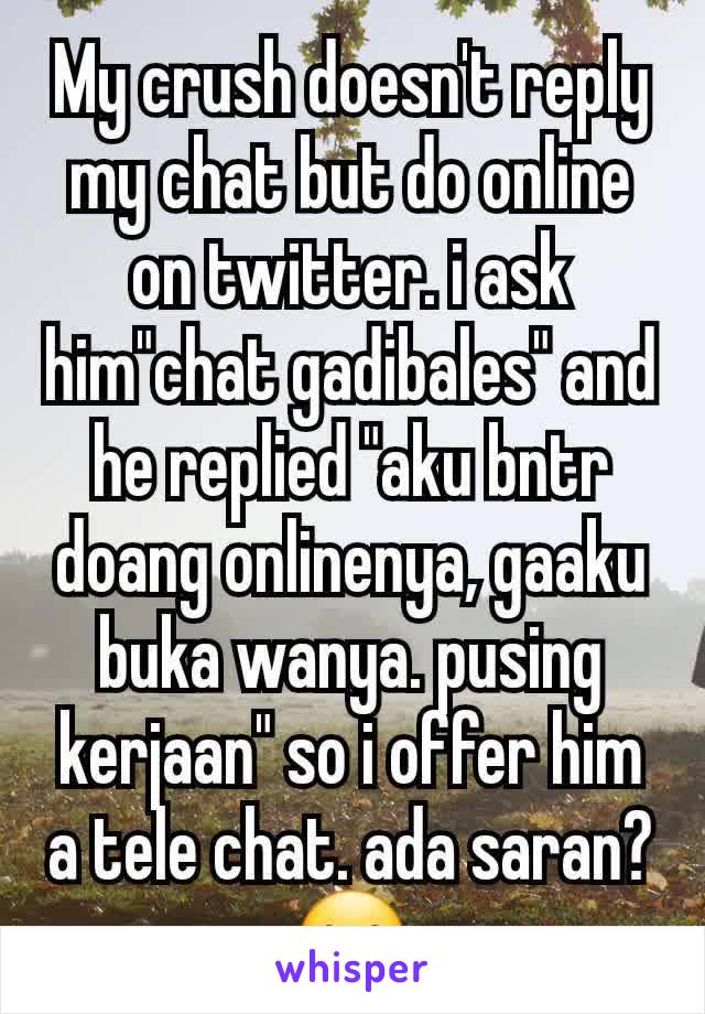 My crush doesn't reply my chat but do online on twitter. i ask him"chat gadibales" and he replied "aku bntr doang onlinenya, gaaku buka wanya. pusing kerjaan" so i offer him a tele chat. ada saran?🥲