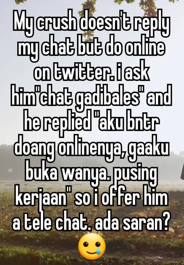 My crush doesn't reply my chat but do online on twitter. i ask him"chat gadibales" and he replied "aku bntr doang onlinenya, gaaku buka wanya. pusing kerjaan" so i offer him a tele chat. ada saran?🥲