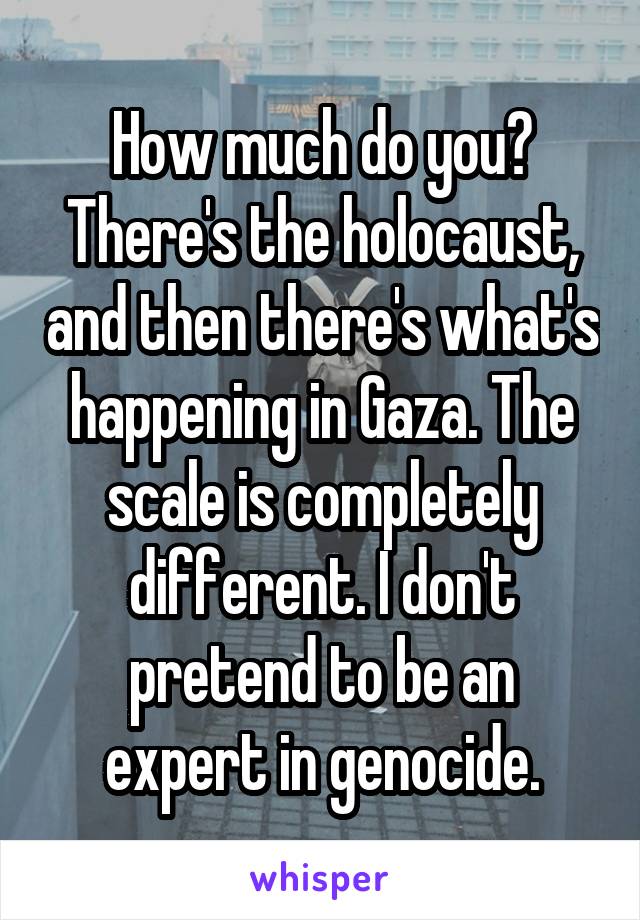 How much do you? There's the holocaust, and then there's what's happening in Gaza. The scale is completely different. I don't pretend to be an expert in genocide.