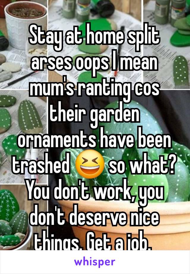 Stay at home split arses oops I mean mum's ranting cos their garden ornaments have been trashed 😆 so what? You don't work, you don't deserve nice things. Get a job. 