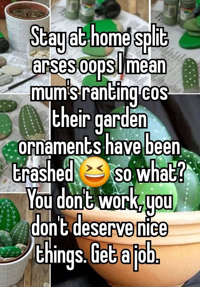 Stay at home split arses oops I mean mum's ranting cos their garden ornaments have been trashed 😆 so what? You don't work, you don't deserve nice things. Get a job. 