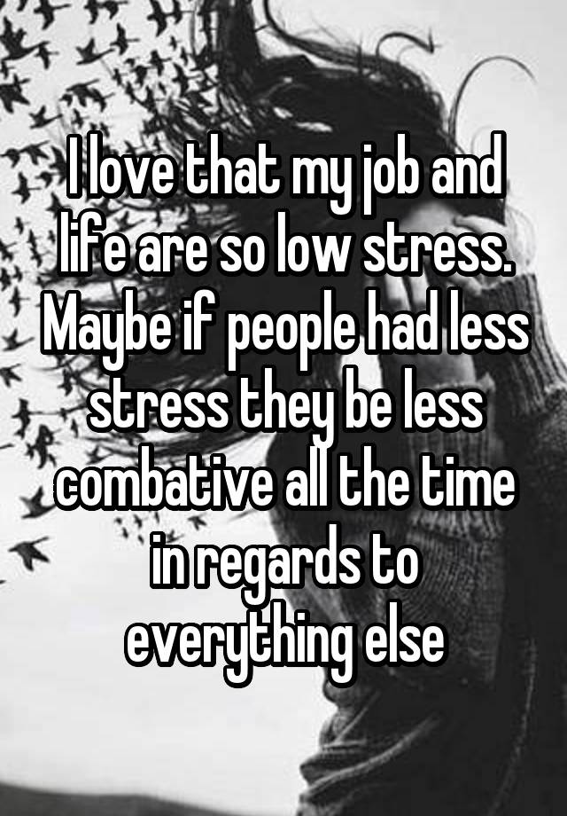 I love that my job and life are so low stress. Maybe if people had less stress they be less combative all the time in regards to everything else