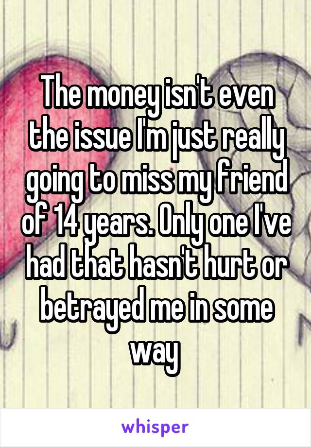 The money isn't even the issue I'm just really going to miss my friend of 14 years. Only one I've had that hasn't hurt or betrayed me in some way 