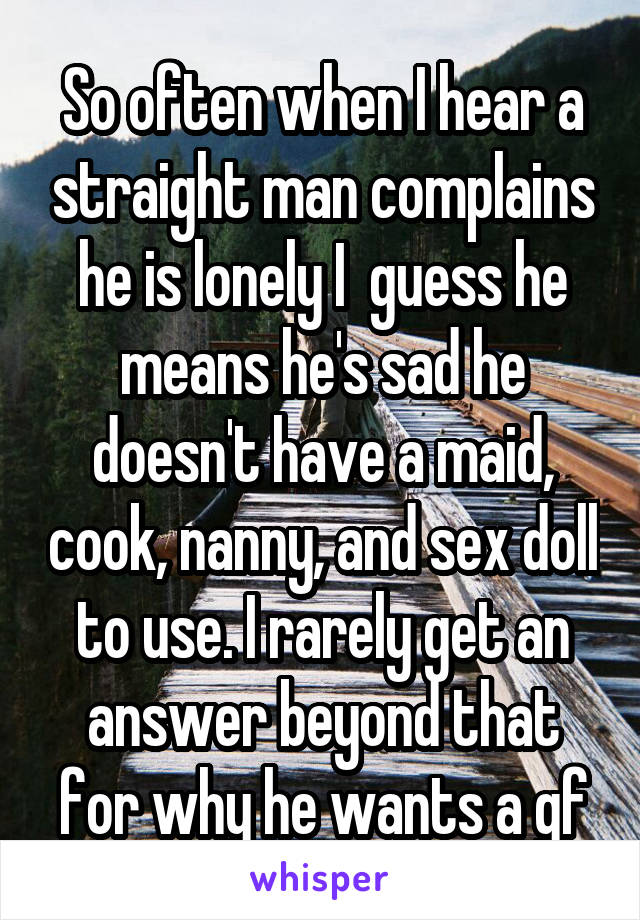 So often when I hear a straight man complains he is lonely I  guess he means he's sad he doesn't have a maid, cook, nanny, and sex doll to use. I rarely get an answer beyond that for why he wants a gf