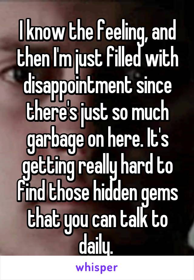 I know the feeling, and then I'm just filled with disappointment since there's just so much garbage on here. It's getting really hard to find those hidden gems that you can talk to daily. 