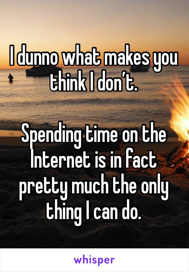 I dunno what makes you think I don’t.

Spending time on the Internet is in fact pretty much the only thing I can do.