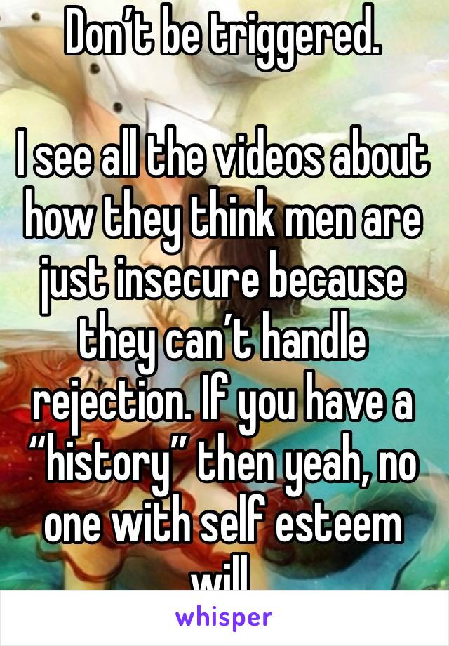 Don’t be triggered.

I see all the videos about how they think men are just insecure because they can’t handle rejection. If you have a “history” then yeah, no one with self esteem will. 