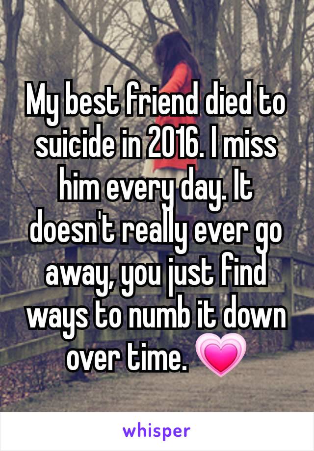 My best friend died to suicide in 2016. I miss him every day. It doesn't really ever go away, you just find ways to numb it down over time. 💗