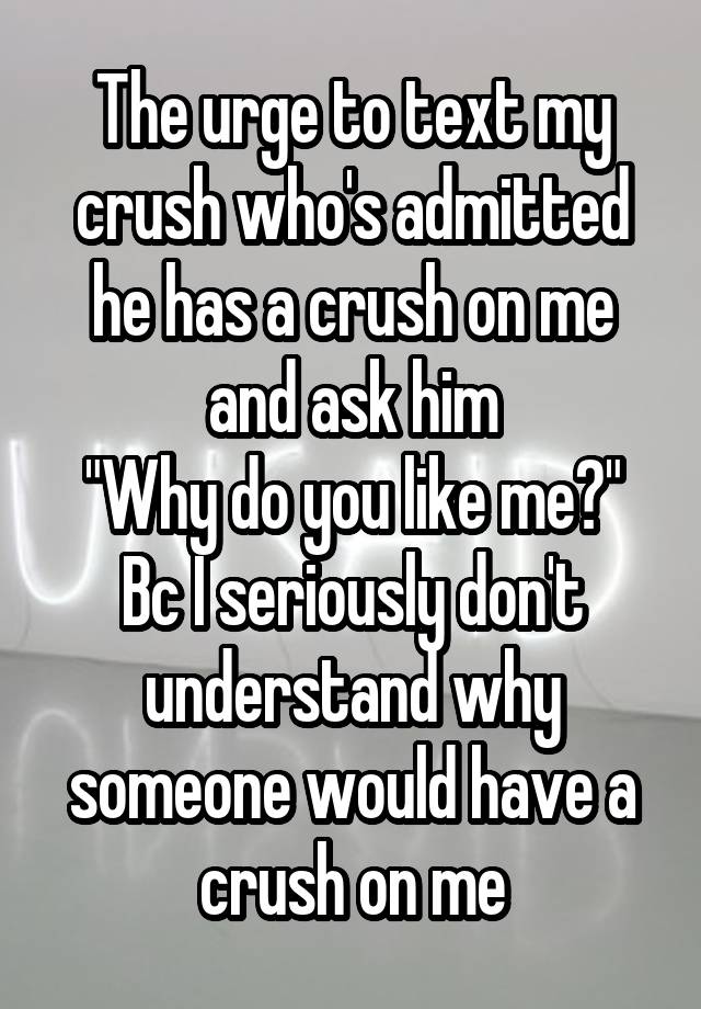 The urge to text my crush who's admitted he has a crush on me and ask him
"Why do you like me?" Bc I seriously don't understand why someone would have a crush on me