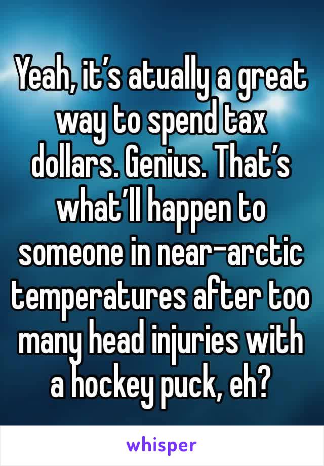 Yeah, it’s atually a great way to spend tax dollars. Genius. That’s what’ll happen to someone in near-arctic temperatures after too many head injuries with a hockey puck, eh?