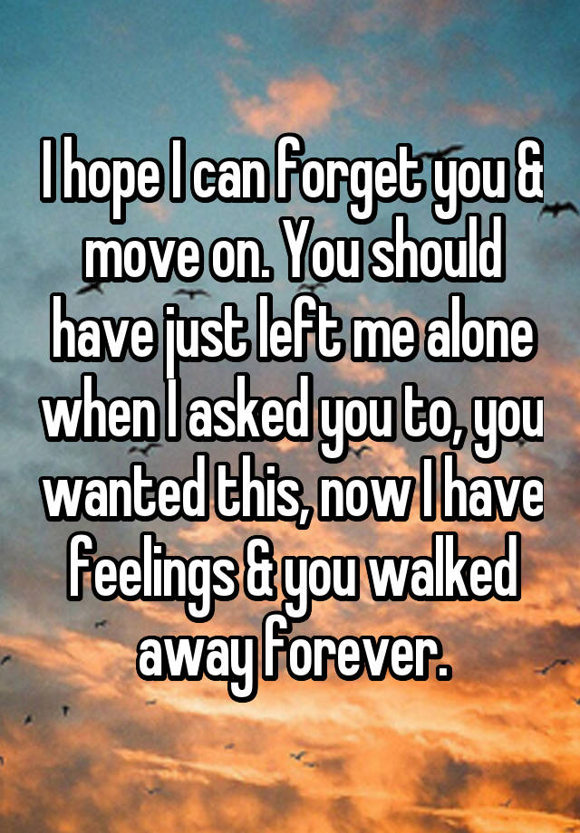 I hope I can forget you & move on. You should have just left me alone when I asked you to, you wanted this, now I have feelings & you walked away forever.