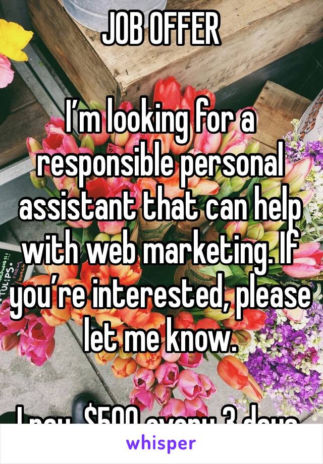 JOB OFFER 

I’m looking for a responsible personal assistant that can help with web marketing. If you’re interested, please let me know.

I pay, $500 every 3 days.