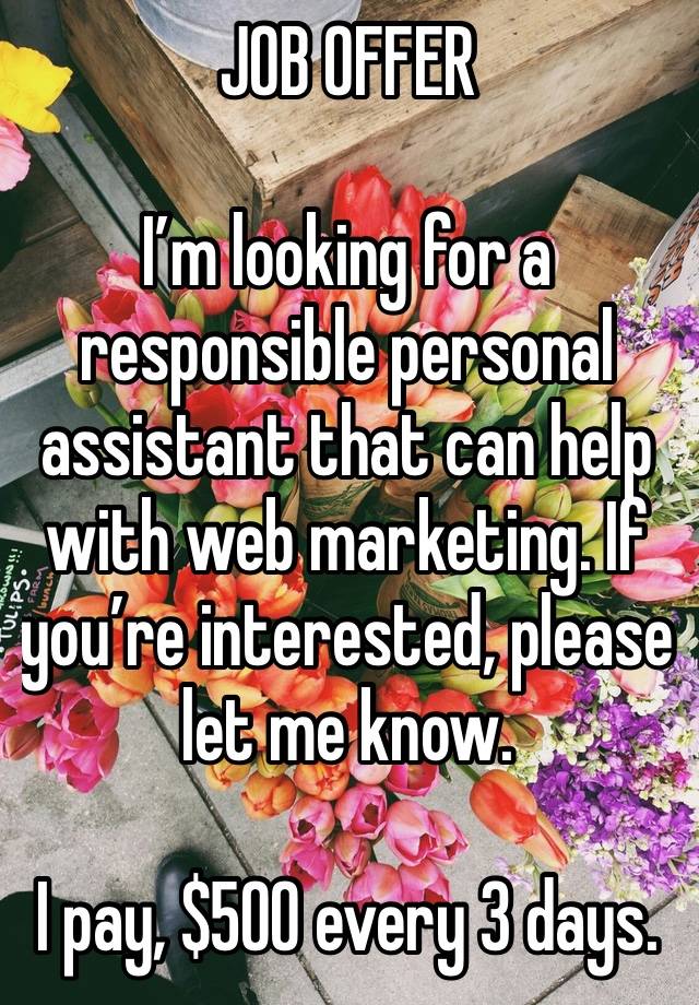 JOB OFFER 

I’m looking for a responsible personal assistant that can help with web marketing. If you’re interested, please let me know.

I pay, $500 every 3 days.