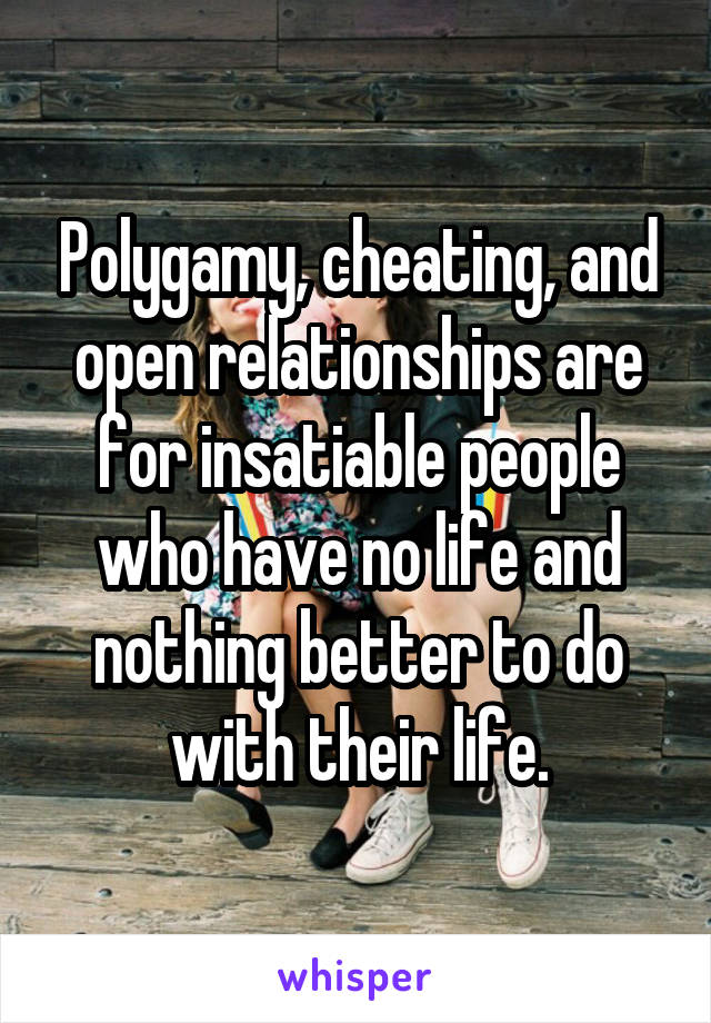 Polygamy, cheating, and open relationships are for insatiable people who have no life and nothing better to do with their life.