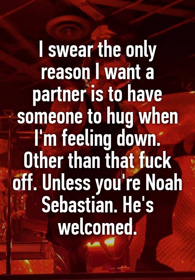 I swear the only reason I want a partner is to have someone to hug when I'm feeling down. Other than that fuck off. Unless you're Noah Sebastian. He's welcomed.