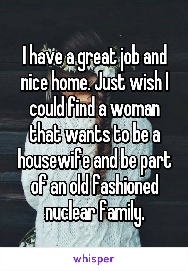 I have a great job and nice home. Just wish I could find a woman that wants to be a housewife and be part of an old fashioned nuclear family.