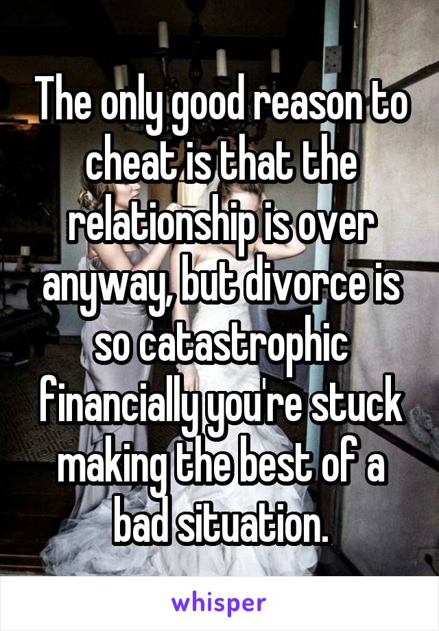 The only good reason to cheat is that the relationship is over anyway, but divorce is so catastrophic financially you're stuck making the best of a bad situation.