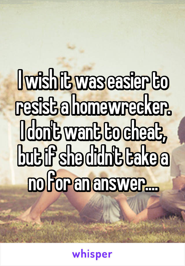 I wish it was easier to resist a homewrecker.
I don't want to cheat, but if she didn't take a no for an answer....