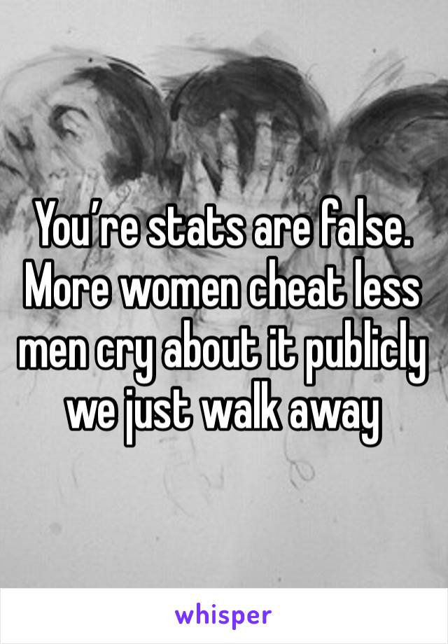 You’re stats are false.  More women cheat less men cry about it publicly we just walk away