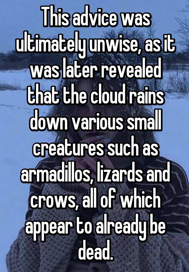 This advice was ultimately unwise, as it was later revealed that the cloud rains down various small creatures such as armadillos, lizards and crows, all of which appear to already be dead.