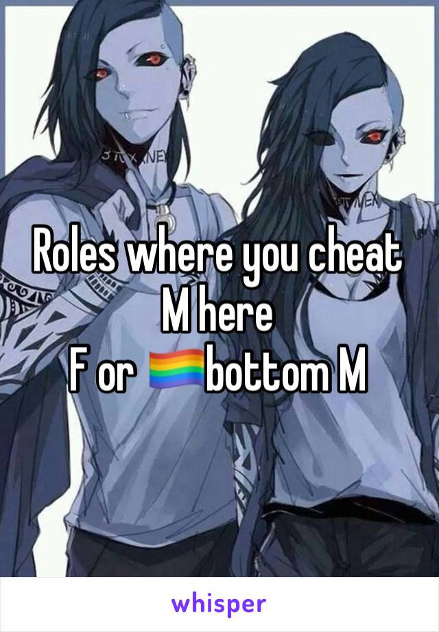 Roles where you cheat
M here
F or 🏳️‍🌈bottom M