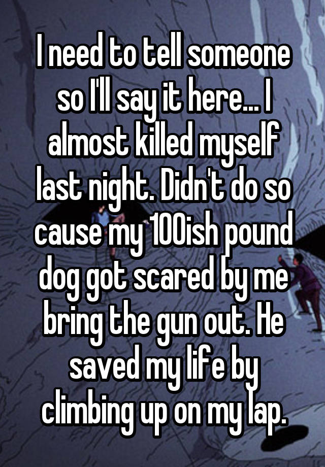 I need to tell someone so I'll say it here... I almost killed myself last night. Didn't do so cause my 100ish pound dog got scared by me bring the gun out. He saved my life by climbing up on my lap.