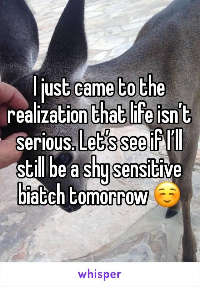 I just came to the realization that life isn’t serious. Let’s see if I’ll still be a shy sensitive biatch tomorrow ☺️