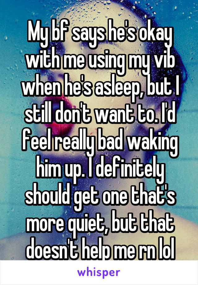 My bf says he's okay with me using my vib when he's asleep, but I still don't want to. I'd feel really bad waking him up. I definitely should get one that's more quiet, but that doesn't help me rn lol