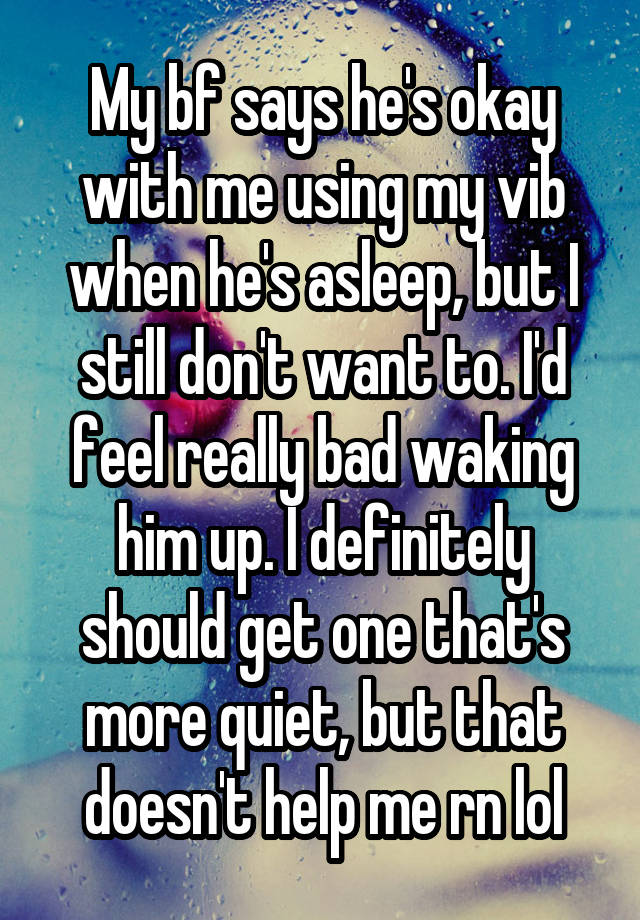 My bf says he's okay with me using my vib when he's asleep, but I still don't want to. I'd feel really bad waking him up. I definitely should get one that's more quiet, but that doesn't help me rn lol