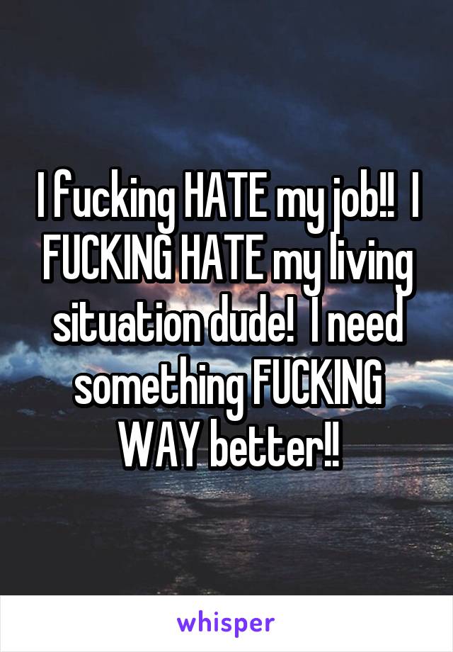 I fucking HATE my job!!  I FUCKING HATE my living situation dude!  I need something FUCKING WAY better!!