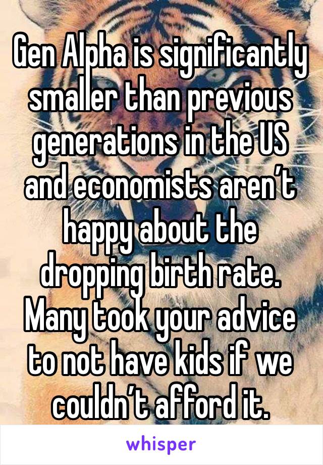 Gen Alpha is significantly smaller than previous generations in the US and economists aren’t happy about the dropping birth rate.
Many took your advice to not have kids if we couldn’t afford it.