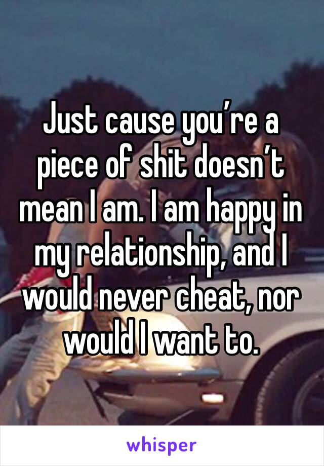 Just cause you’re a piece of shit doesn’t mean I am. I am happy in my relationship, and I would never cheat, nor would I want to. 