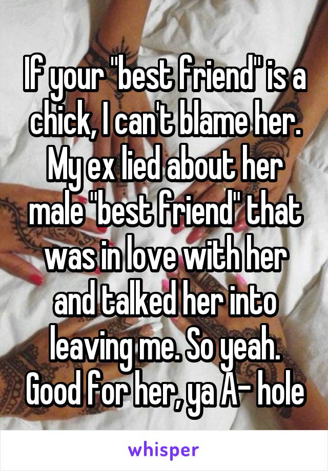 If your "best friend" is a chick, I can't blame her. My ex lied about her male "best friend" that was in love with her and talked her into leaving me. So yeah. Good for her, ya A- hole