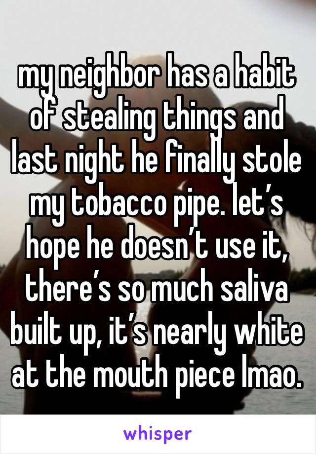 my neighbor has a habit of stealing things and last night he finally stole my tobacco pipe. let’s hope he doesn’t use it, there’s so much saliva built up, it’s nearly white at the mouth piece lmao. 