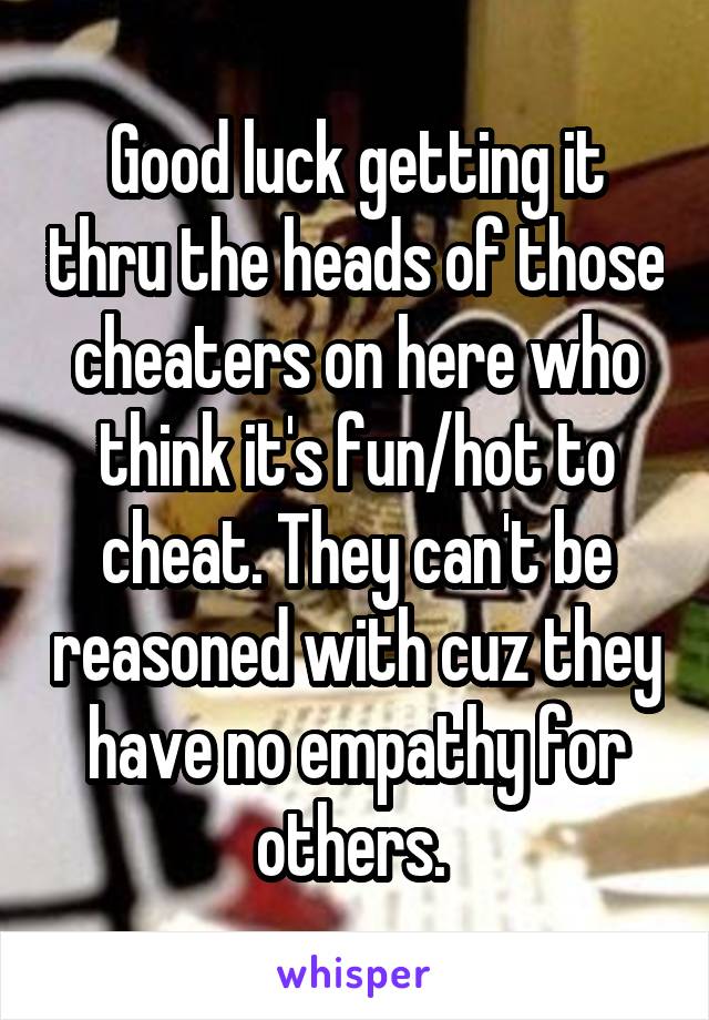 Good luck getting it thru the heads of those cheaters on here who think it's fun/hot to cheat. They can't be reasoned with cuz they have no empathy for others. 