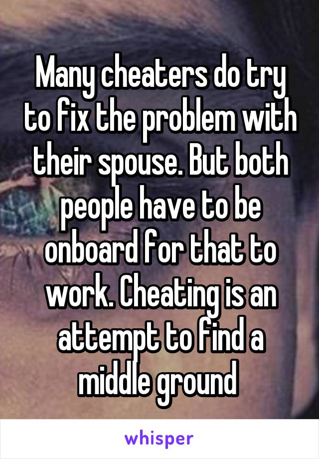 Many cheaters do try to fix the problem with their spouse. But both people have to be onboard for that to work. Cheating is an attempt to find a middle ground 