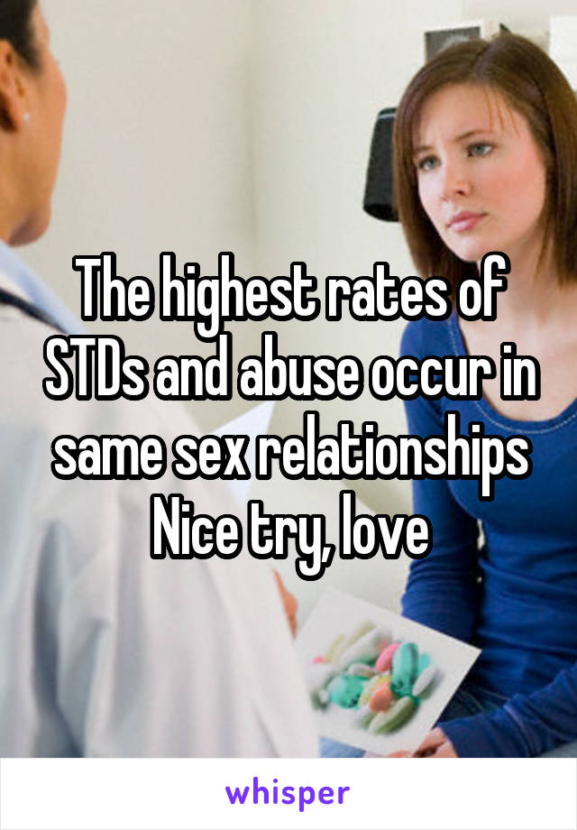 The highest rates of STDs and abuse occur in same sex relationships
Nice try, love