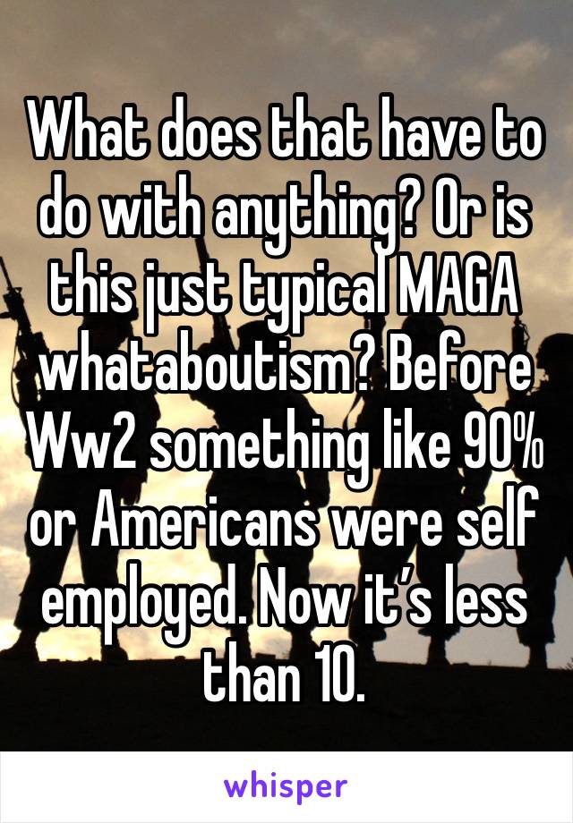 What does that have to do with anything? Or is this just typical MAGA whataboutism? Before Ww2 something like 90% or Americans were self employed. Now it’s less than 10. 