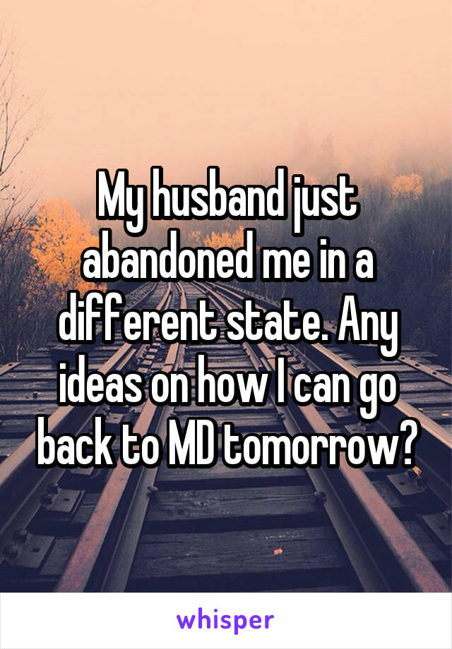 My husband just abandoned me in a different state. Any ideas on how I can go back to MD tomorrow?