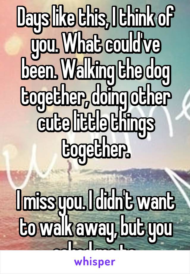 Days like this, I think of you. What could've been. Walking the dog together, doing other cute little things together.

I miss you. I didn't want to walk away, but you asked me to.